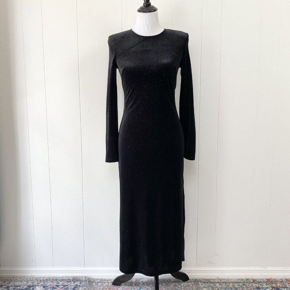 & OTHER STORIES Long Sleeve Velvet Midi Black Dress Bodycon Gold Sparkles Sz. 2 - Picture 2 of 16